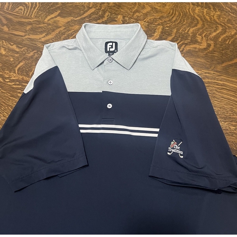 FootJoy Polo Shirt Mens XL Blue Gray Stripe Golf The Tradition Logo Performance